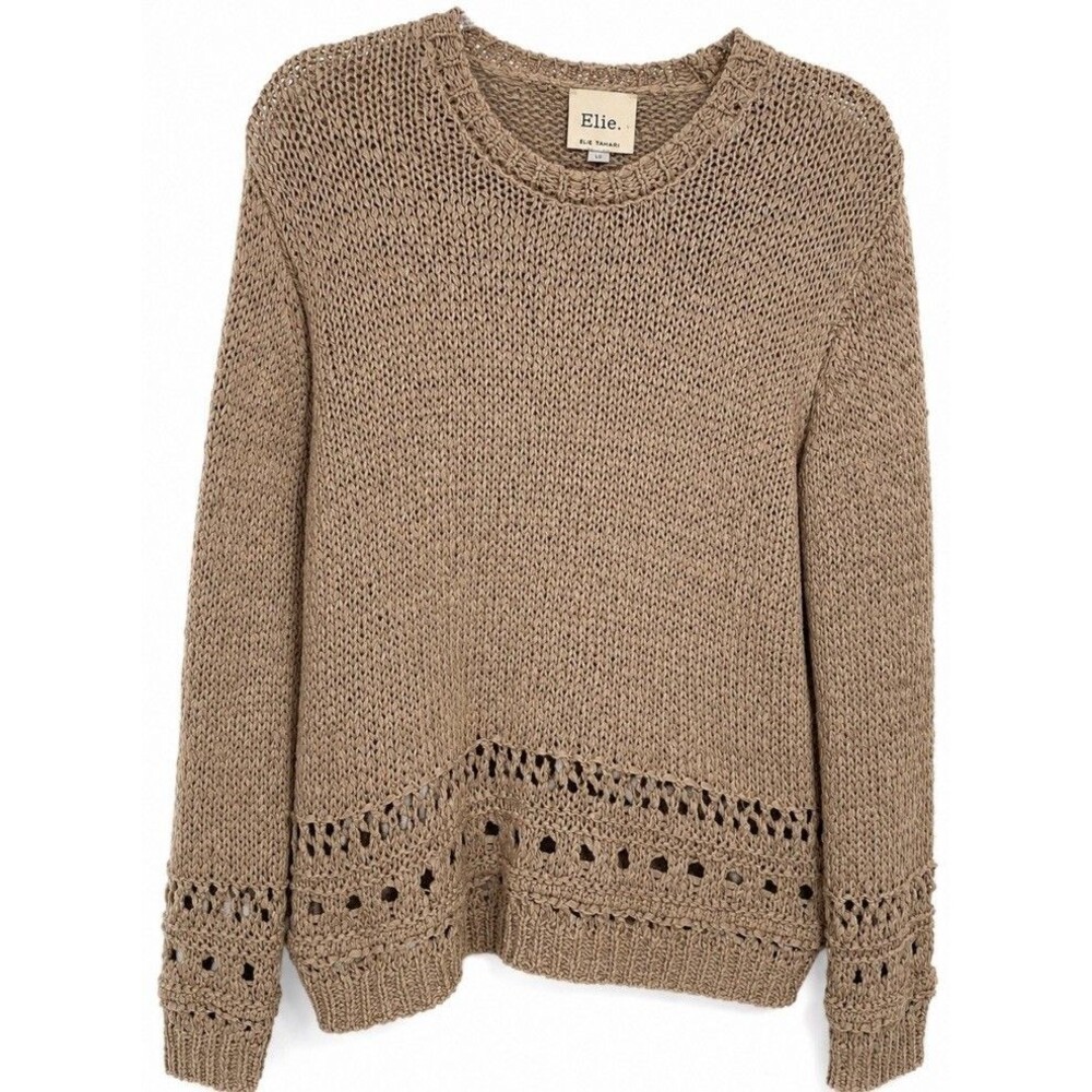 NWT Elie Tahari Women’s Large Khaki Open Knit Crochet Sweater Cotton Blend